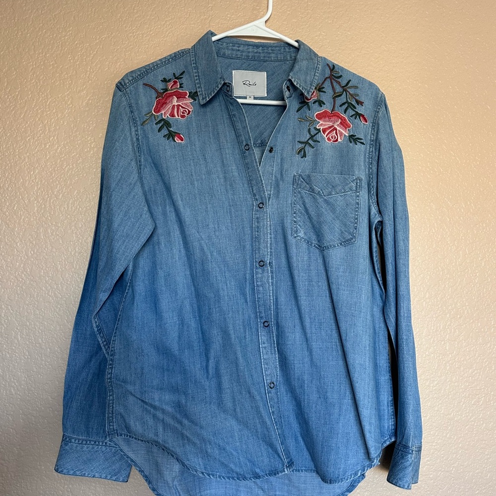 Rails Blue Denim Shirt with Pink Floral Embroidery